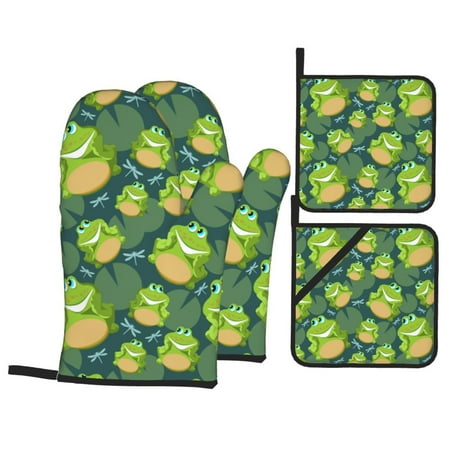 

Oven Mitts and Pot Holders Sets 4 pcs cute frogs dragonfly leaves green Non-Slip Oven Gloves Potholders Soft Quilted Lining Heat Resistant Gloves Hot Pads for Kitchen Cooking Baking