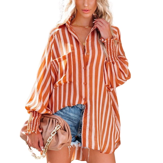 Qarigey Blusas de fibra para mujer Camisas para una apariencia moderna y cómoda Camisas y blusas para mujer Mujer Manga larga naranja XL Type3 NO3