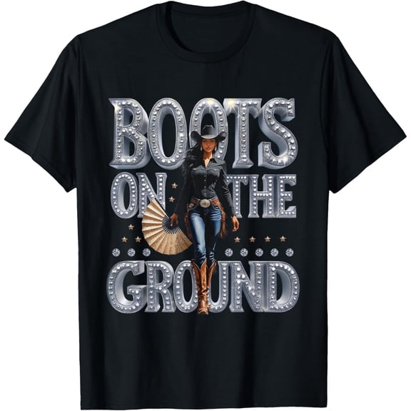 Retro Western Cowgirl Boots On The Ground Graphic T-Shirt - Southern Country Rodeo Style Rhinestone Print Fashion Tee