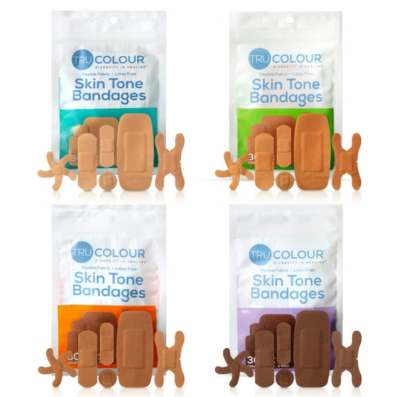 Tru-Colour Skin Tone Bandages Variety Pack, Flexible Fabric Adhesive Strips, 4 Pack