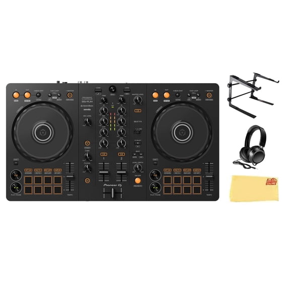 Pioneer DDJ FLX4 DJ Controller - Black Bundle with Laptop Stand, Headphones, and Austin Bazaar Polishing Cloth