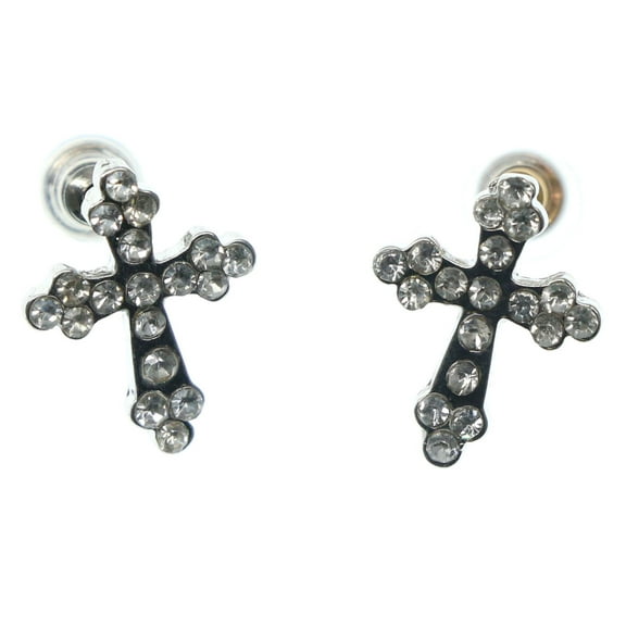 Silver-Tone Cross Shaped Earrings Sparkling Crystal Accents For Women TME401