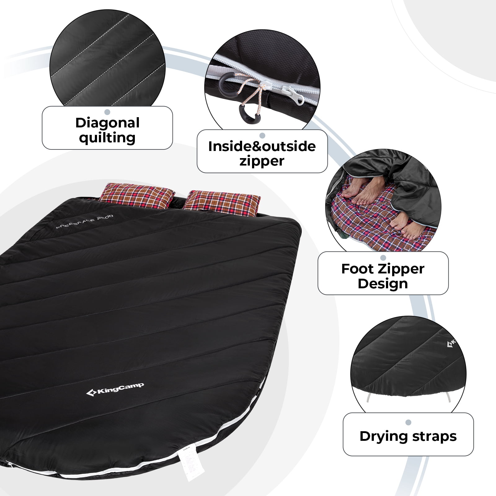 KingCamp Double Sleeping Bag for Adults, Queen Size 2-Person Sleeping Bag Flannel Lining Camping Bag with 2 Pillows & Compression Sack, 17.6°F-53.6°F, Black