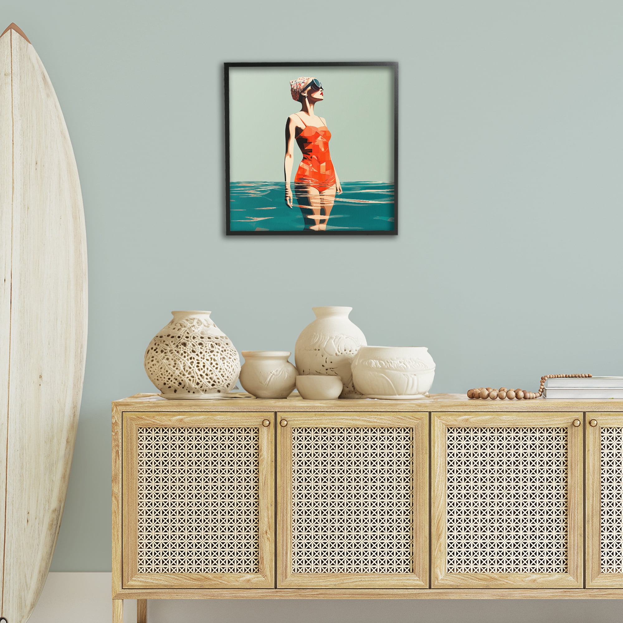 Stupell Industries Retro Woman in Swimsuit Novelty Painting Black Framed Art Print Wall Art, 24 x 24