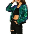 thumbnail image 6 of MODA NOVA Juniors Halloween Costume Christmas Glitter Cropped Long Sleeve Zipper Bomber Jacket Green S, 6 of 7