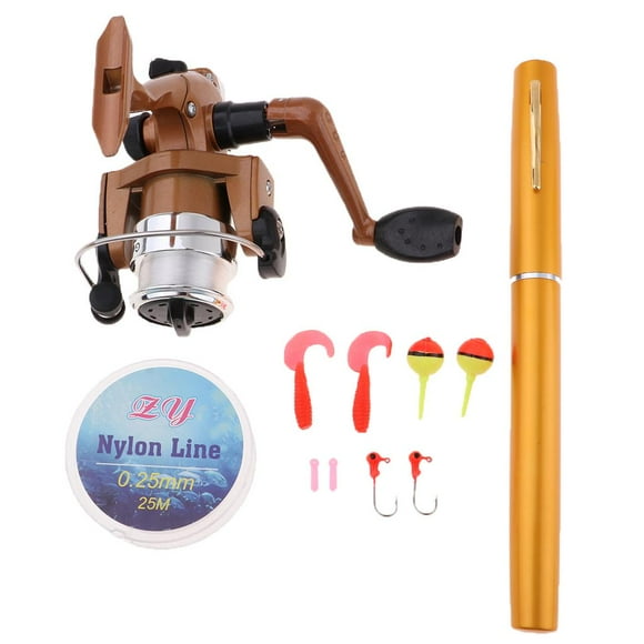 ziyahi Mini Portable Pocket Fish Pen Shape Fishing Aluminum Reel Red Rod Alloy Gold