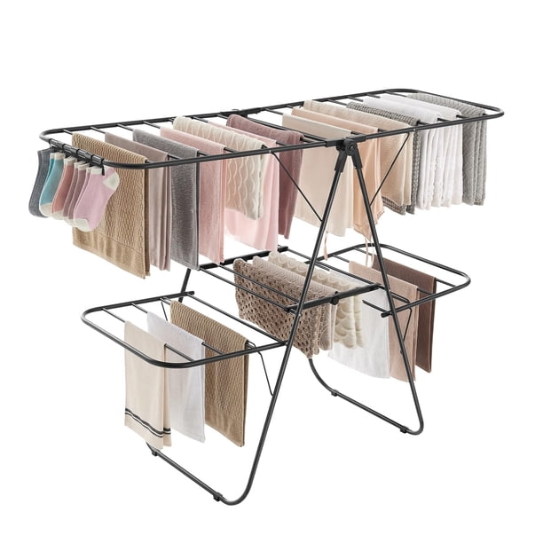 SONGMICS Tendedero, Plegable de 2 Niveles, Alas Ajustables en Altura, con Clips para Calcetines, 33 Barras para Secar la Ropa