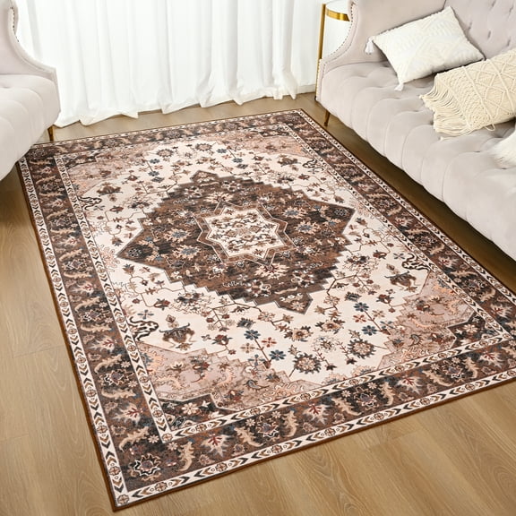 YJ.GWL Soft Boho Area Rug Vintage Floral Print Rugs Low-Pile Accent Carpets for Living Room Bedroom Home Decor,5'X8',Brown