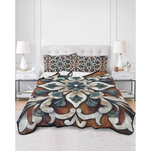 Quilts Full Size, Brown Teal Boho Soft Comforter Bedding Set for Bed, Ethnic Rustic Abstract Flowers Lightweight Quilted Bedspread with Pillow Cover(2 Pieces) for All Season, 78x90 Inch