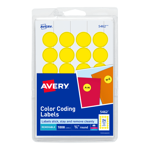 Avery Print/Write Self-Adhesive Removable Labels, 0.75 Inch Diameter, Yellow, 1,008 per Pack (5462)