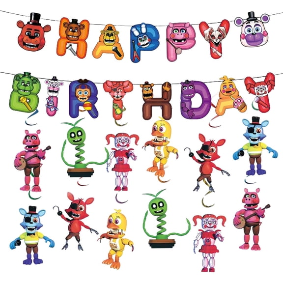 Freddy's Party Decorations Supplies, 12 Hanging Swirls and 1 Happy Birthday Banner for FNAF Birthday Decorations