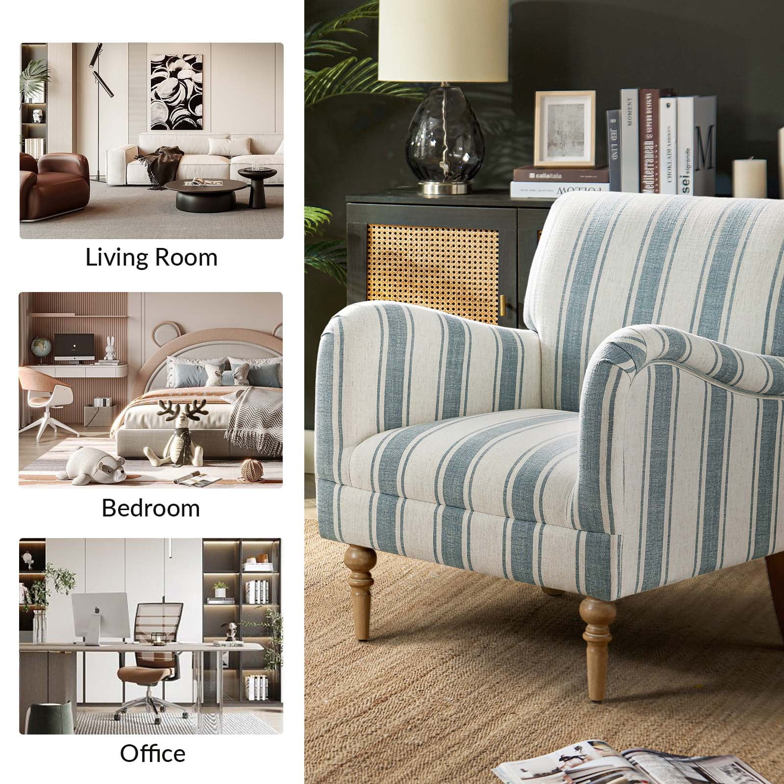 Stripe Armchair Upholstered Wooden Legs Accent Chair for Home Living Room Bedroom Adult Blue Stripe