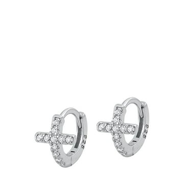 Sterling Silver Clear Cubic Zirconia Cross High Polished Hoop Earrings 925 New Jewelry Female Unisex