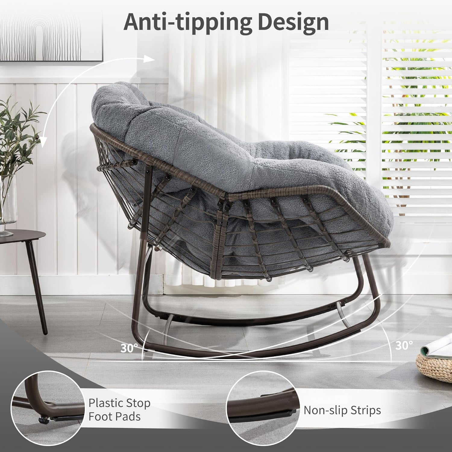MOONMISS Outdoor Patio Rattan Oversized Rocking Chairs Set of 2 with Teddy Padded Cushion-Gray