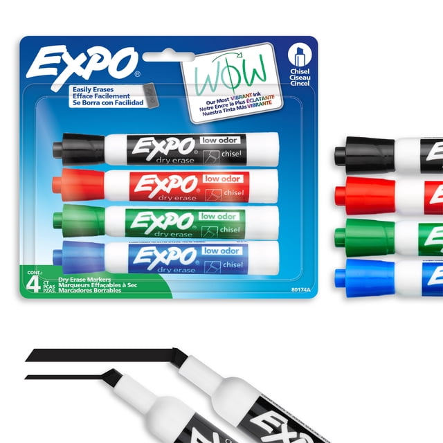 EXPO Dry Erase Markers, Low Odour Ink, Assorted Colours, Chisel Tip, 4 Count