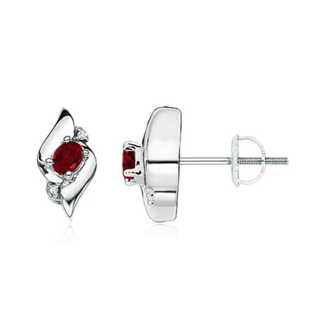 Oval Shell Earrings - Oval Garnet and Diamond Shell Stud Earrings in 14K White Gold (4x3mm Garnet) - SE0121GD-WG-AAA-4x3