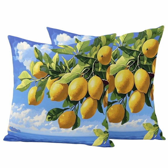 2 Pack Outdoor Waterproof Throw Pillow Covers,Summer Ocean Lemon Fruit Tree Decorative Square Patio Pillowcases for Chair Couch Sofa 16x16in