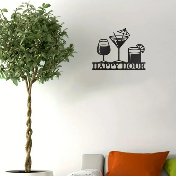 HELLOYOUNG 14 inch Black Metal "Happy Hour" Sign Wall Decoration Wine Glass Iron Drawings Wall suitable for Kitchen Simple style Add a sense of layering