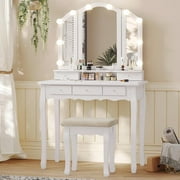 Tiptiper Vanity Table Set with Lighted Tri-Folding Mirror, Makeup Vanity with Lights & 3 Color Lighting Modes, Vanity Desk with Mirror and Cushioned Stool, Makeup Table with 5 Drawers, White