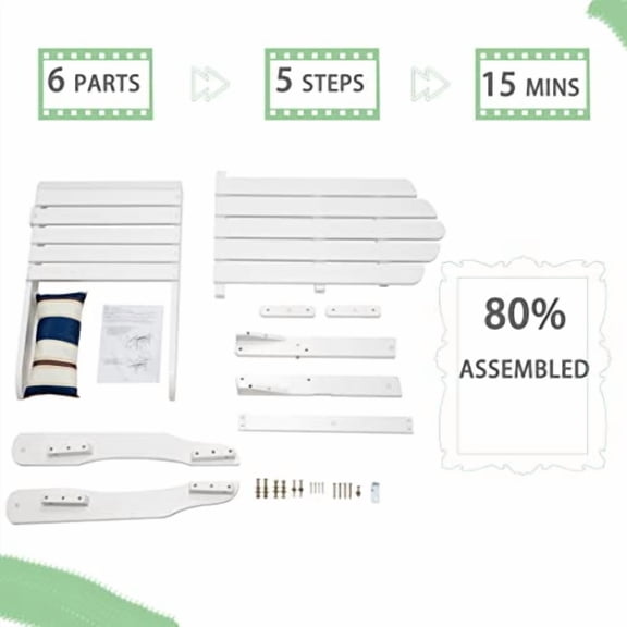 Outdoor Patio Wood Folding Adirondack Chair with Headrest for Outside Porch, Lawn, Pool, Yard, Garden, Set of 2, White