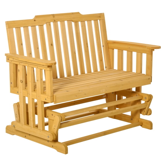 2-Person Patio Glider with Quick Drying Design and Wide Armrest, Wood Rocking Chair Loveseat for Backyard Garden Porch, Natural