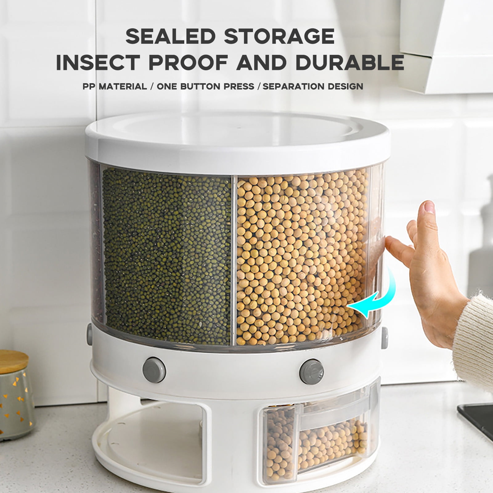 MOQIN Rice and Grain Dispenser, 360° Rotating Food Storage Container, 6-Compartment Dry Food Dispenser with Lid, Airtight Storage for Small Grains,Beans,Rice