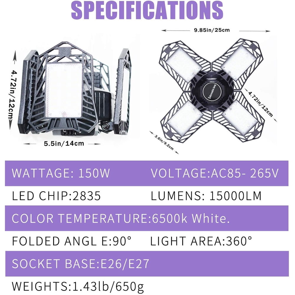 FZFLZDH LED Garage Light 150W, 15000Lm E26/E27 Deformable Shop lamp with 4 Adjustable Panels, 6000K Retractable LED Ceiling Light for Garage, Warehouse(Black)