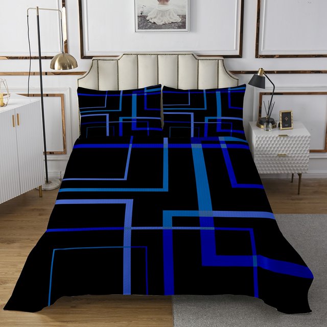 YST Geometric Square Bedding Queen Size Black and Navy Blue Bedspread Set, Modern Abstract Quilt Set Contemporary Rectangle Coverlet Set, Mid Century Lines Bed Set for Boys Girls