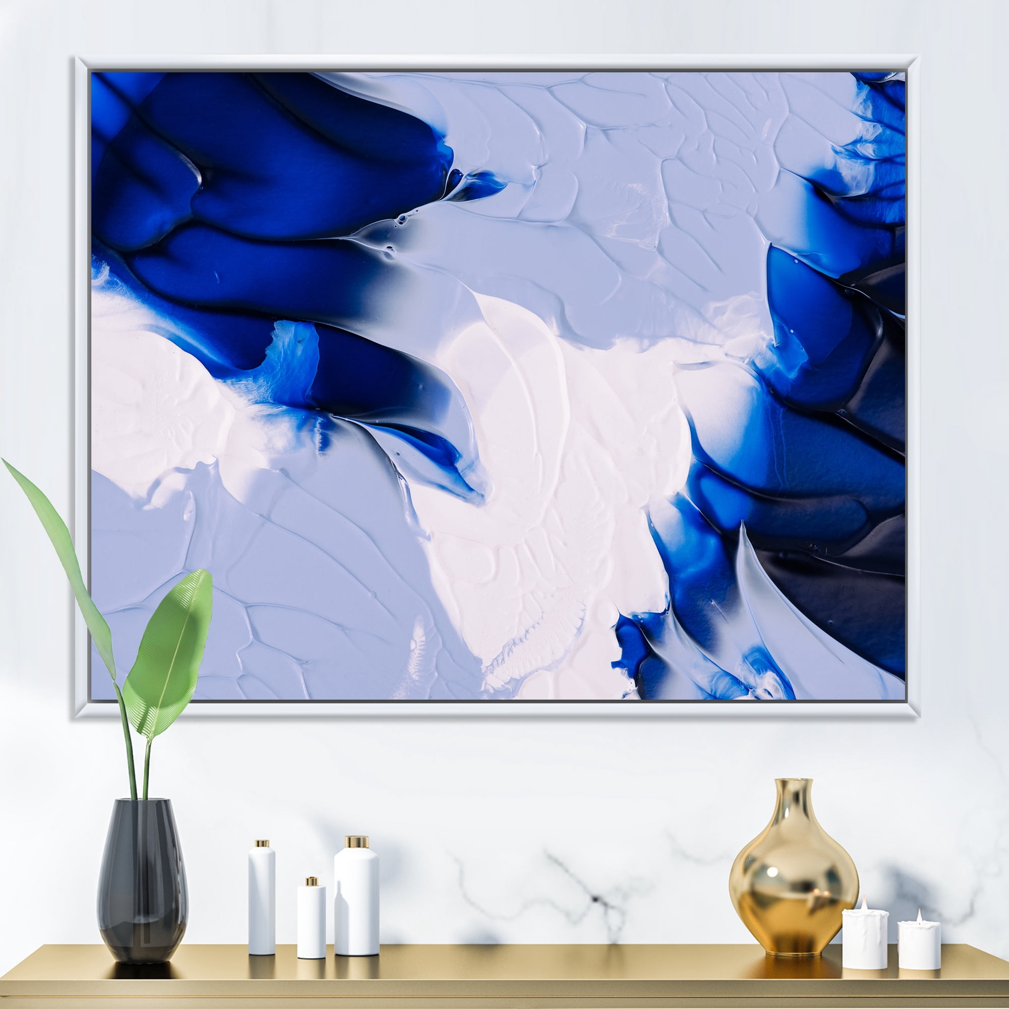 Abstract White and Blue Grey Waves 32 in x 24 in Framed Painting Canvas Art Print, by Designart