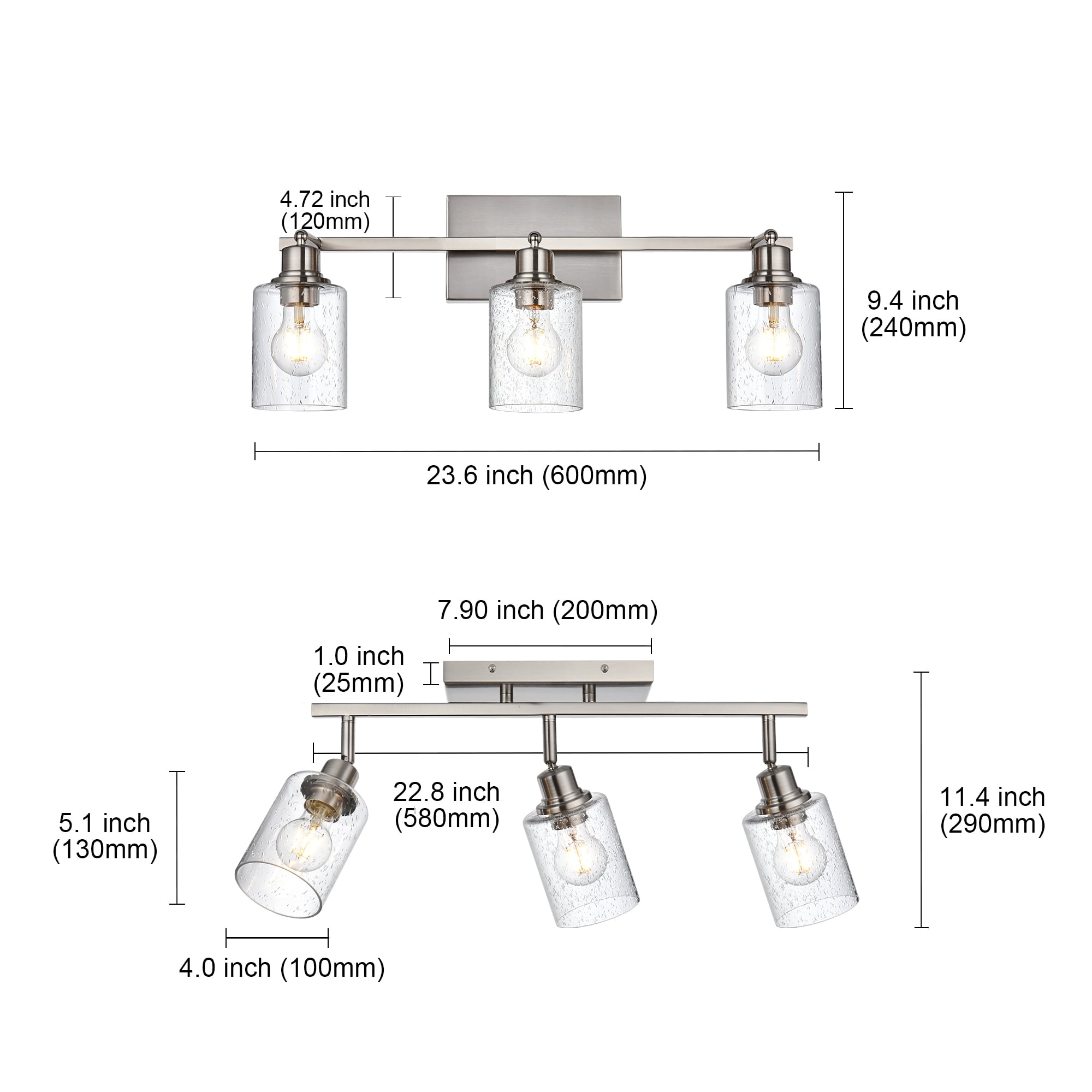 Melucee Adjustable Track Lighting Kit Brushed Nickel Flush Mount Ceiling Light with 3 Rotatable Light Heads Modern Vanity Lights for Bathroom