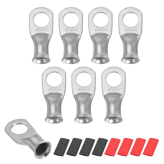 8pcs 4 AWG M10 Battery Lugs Ring Terminal, 3/8" 10mm Stud Crimp Wire Terminal Connector End Copper, 2:1 Heat Shrink Tubing, Silver
