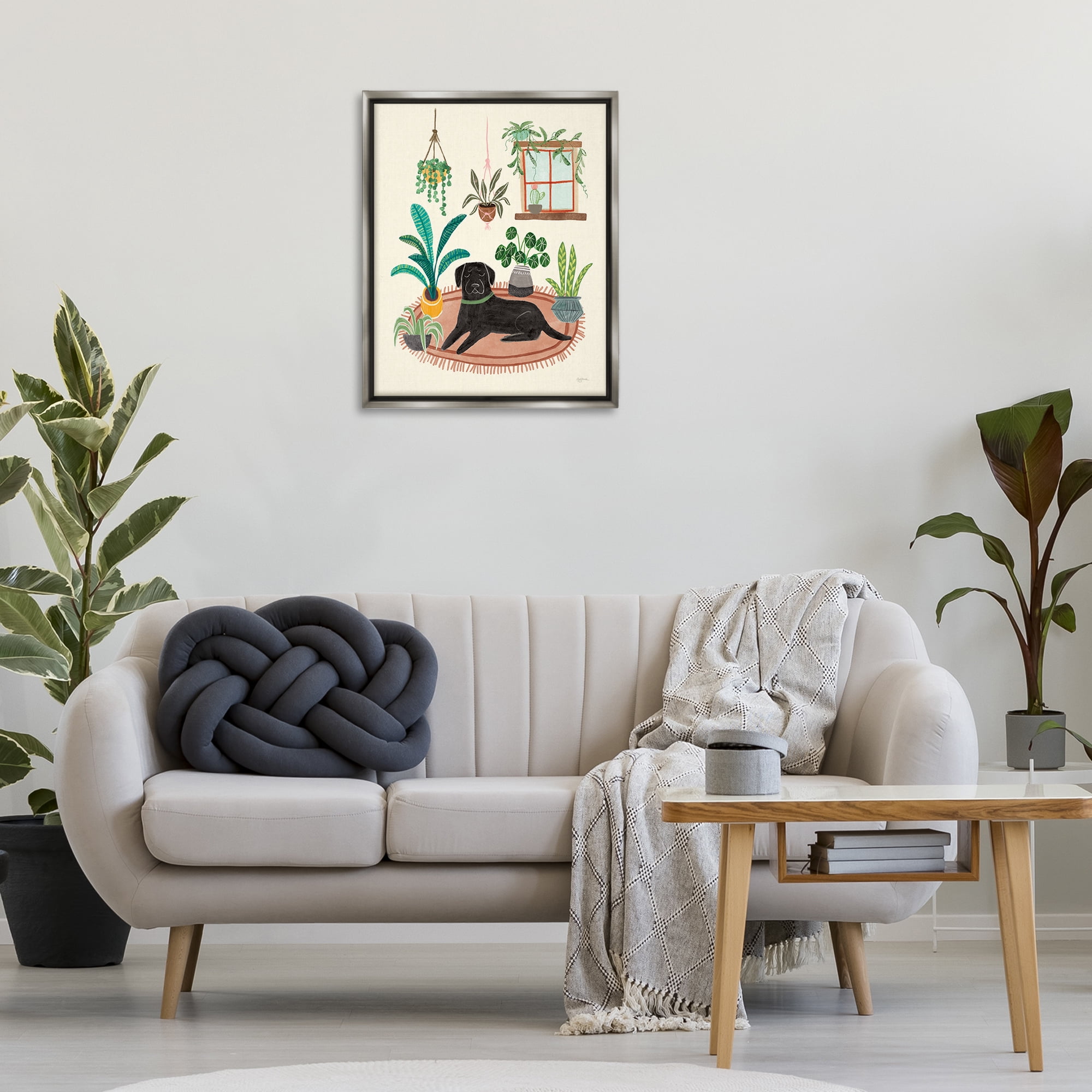 Stupell Industries Fun Dog & House Plants Animals & Insects Painting Gray Floater Framed Canvas Art Print Wall Art, 25 x 31