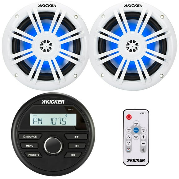 Kicker 46KMC2 All-Weather Marine Bluetooth USB/AUX AM/FM Gauge Style Media Center Receiver Bundle Combo With One Pair (QTY 2) 6.5" 150 Watts Max Power RGB LED Boat Coaxial Speakers W/LED Controller