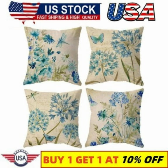 4Pcs 18X18 Inch Vintage Flowers Throw Pillow Covers Blue Butterfly Pillow Cases
