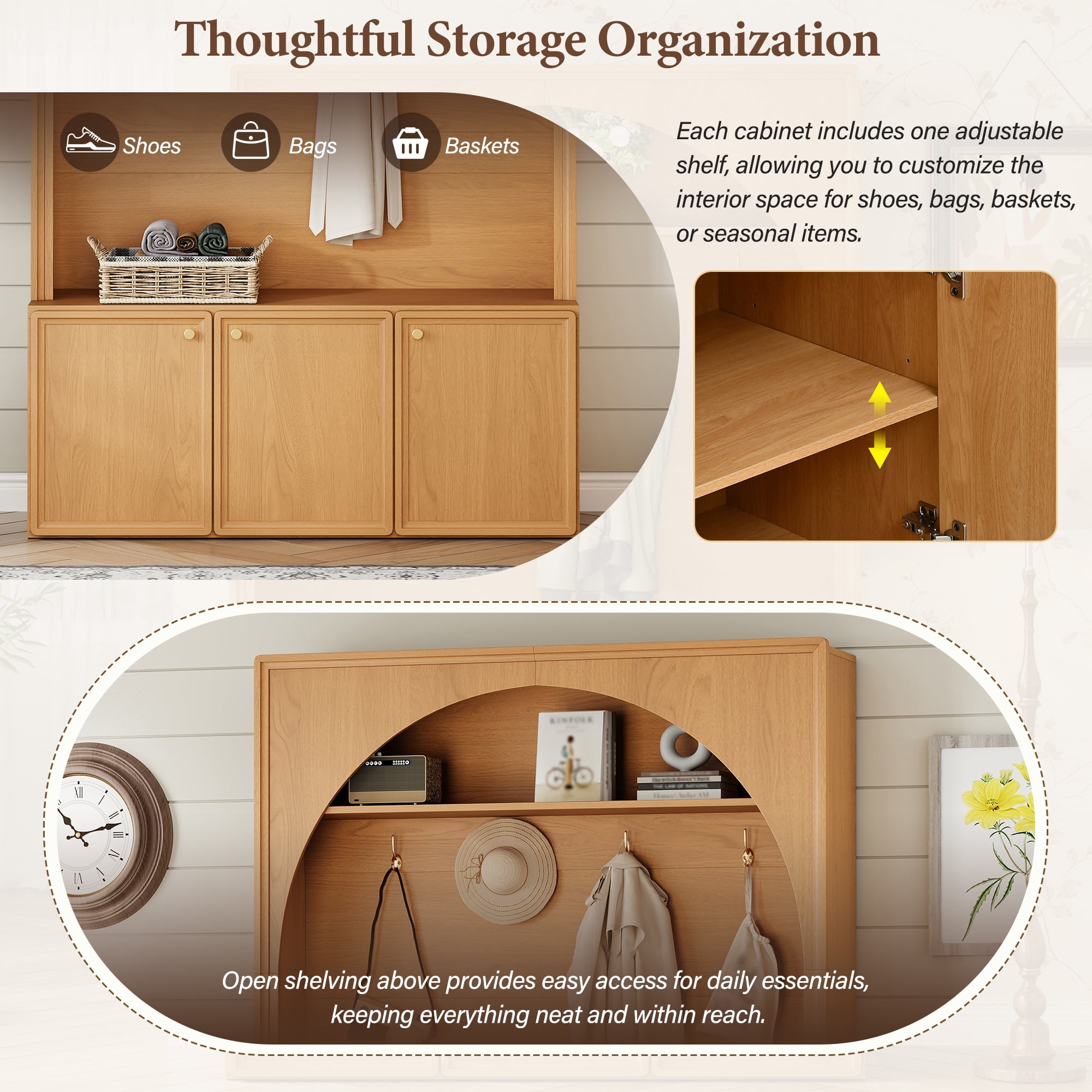 Homy Casa 48.7" Modern Arched Hall Tree with Coat Hooks & Hidden Shoe Cabinet, Natural Oak