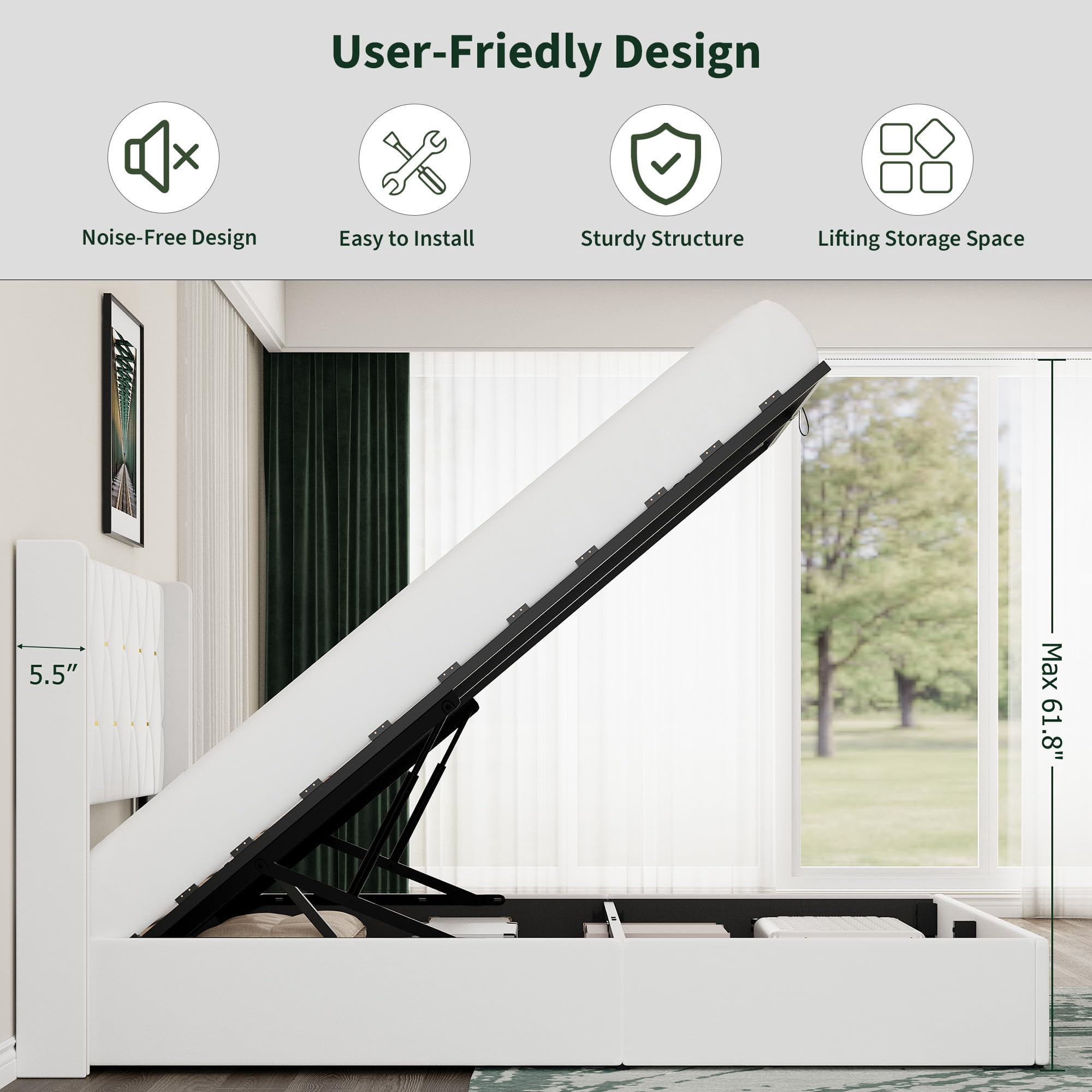 Queen Size Velvet Lift Up Storage Bed Frame, Hydrualic Underneath Storage, Upholstered Platform Bed, Wooden Slats Support, No Box Spring Needed