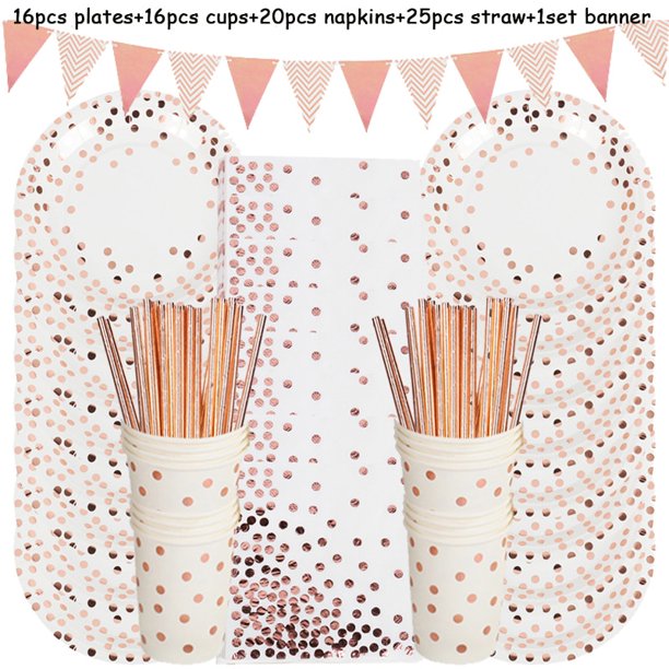 Decoraciones de cumpleaños de oro rosa, juego de vajilla desechable, vaso de papel, decoraciones para fiesta de cumpleaños de boda para adultos, Babyshower para niños y niñas Tan Jianjun unisex
