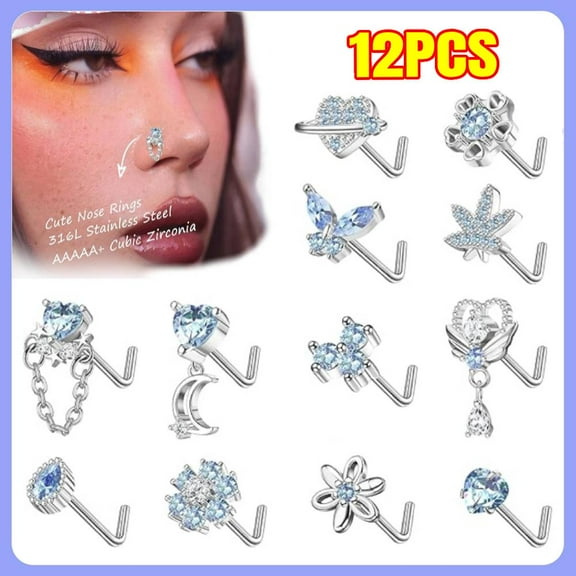 12 PCS 20G Nose Rings Surgical Stainless Steel, L Shaped Nose Studs for Women Men,Cute Nose Piercin Butterfly Flowergs Studs Screw Jewelry