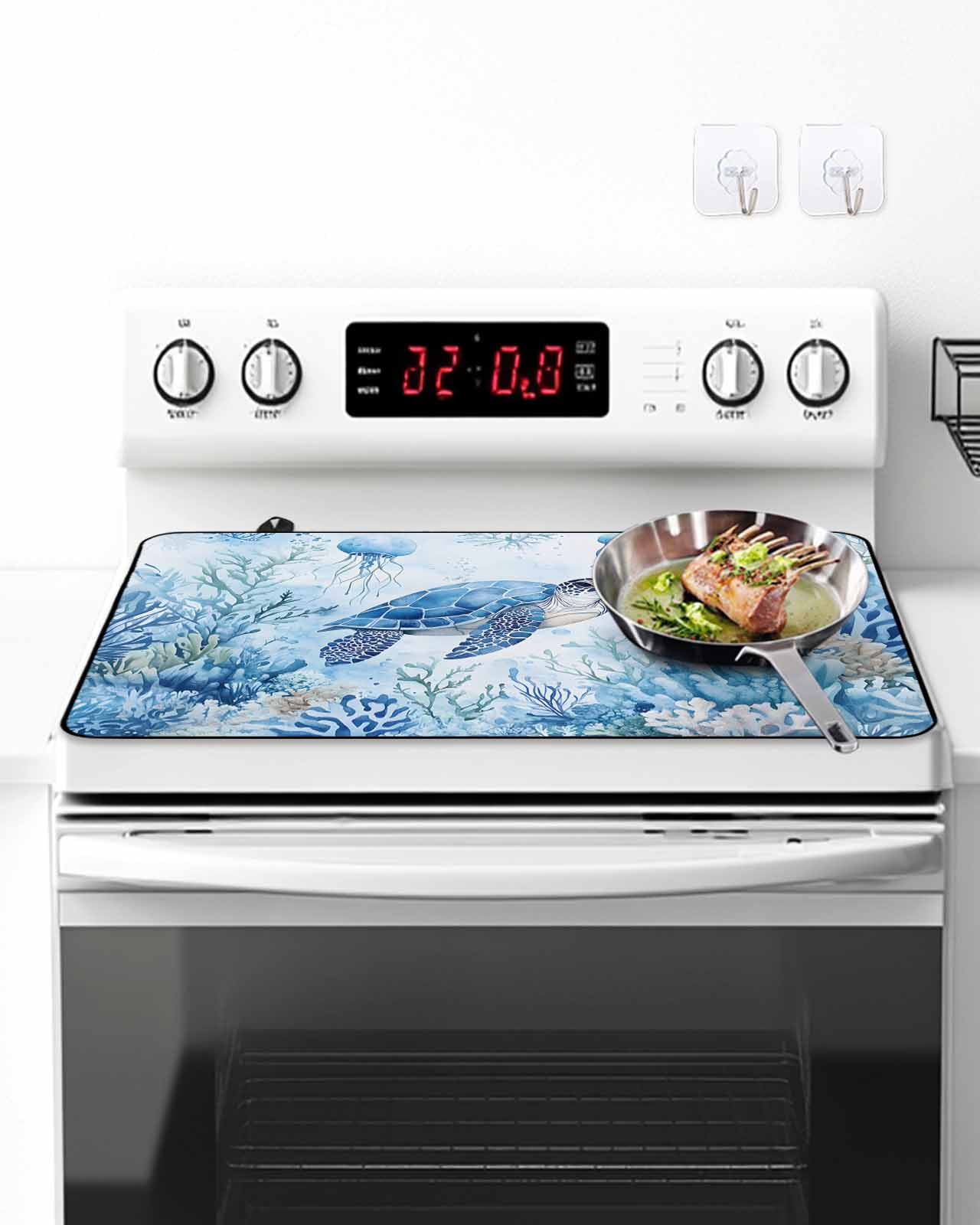 Stove Top Covers for Electric Stove, Sea Turtle Coastal Glass Stovetop Cover Protector, Blue Summer Beach Coral Jellyfish Induction Cooktop Protector Oven Mat for Kitchen Countertop 24"x21"