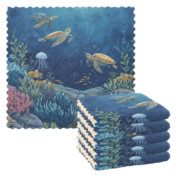 6 Pieces of Kitchen Towels 11x11Inch Kitchen Dish Cloths Kitchen Dish Towels Reuseable Cleaning Cloths Coral Reef Turtle