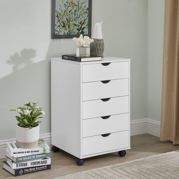 Wubio 5 Drawer Dresser for Bedroom Stylish Tall Dressers with Wheels Storage Shelves Small Dresser for Closet Makeup with 180 lbs Capacity - White