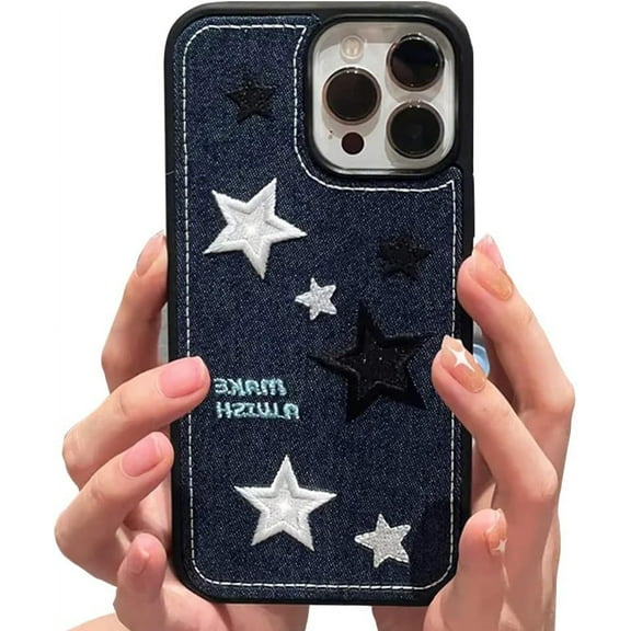 Compatible with iPhone Case,Cool Denim Fabric Embroidery Star Silicone Camera Lens Protection Soft Shockproof Cover Phone Case (Blue,iPhone 11)