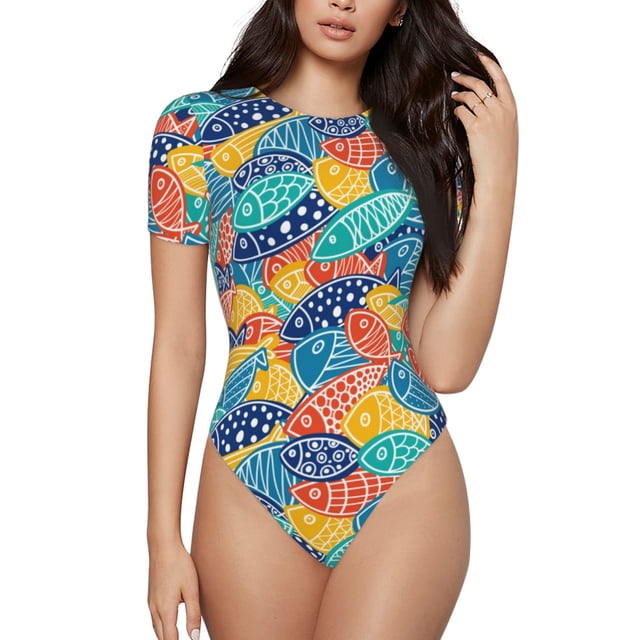 Cauagu Poisson Coloré 1 T-Shirt à Col Rond Manches Courtes pour Femmes Combinaison Quotidienne-TTG