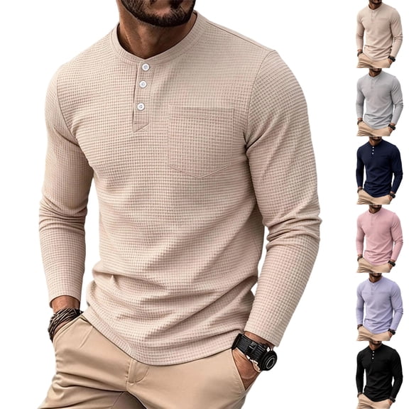 UDAUDU Men's Henley Shirts Long Sleeve Casual Basic Waffle Fall Winter Pullover Lightweight T-Shirt with Pocket Khaki S