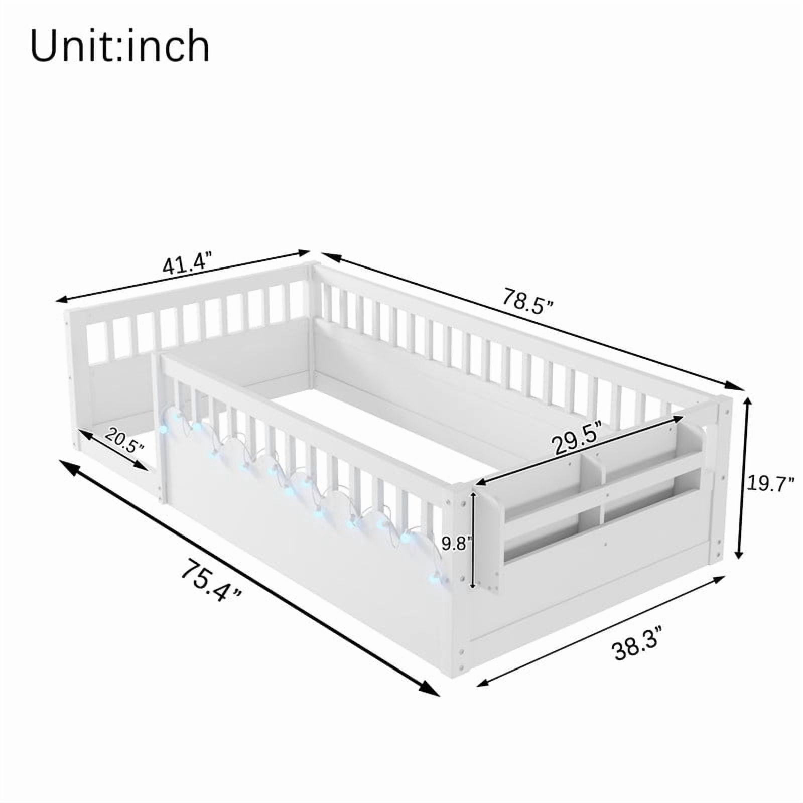 Montessori Floor Bed with High Rails, LED Lights & Storage Shelf, Safe & Wider Opening Gate Design, Twin Size Floor Bed for Boys & Girls, White