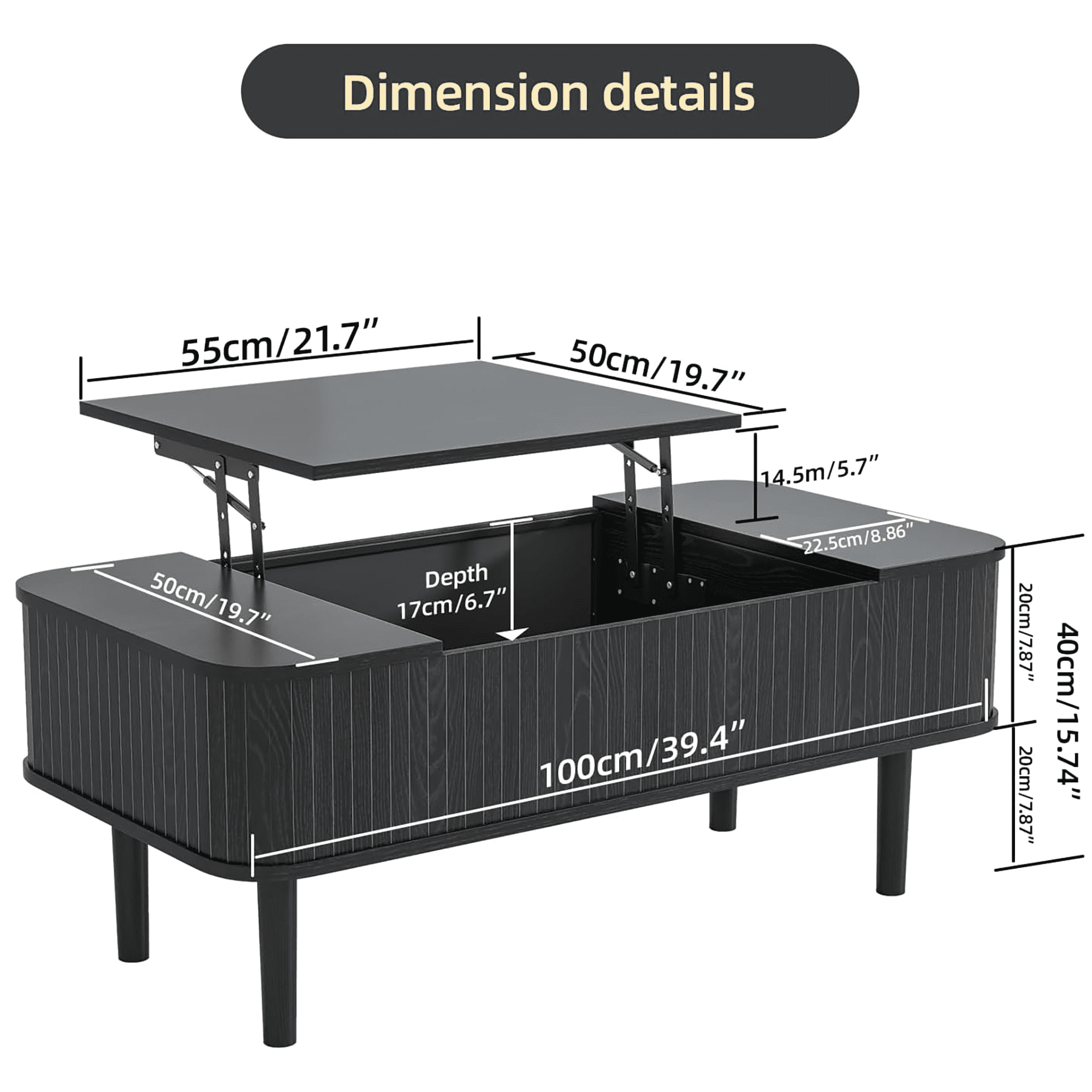 Lift Top Coffee Table with Storage, Mid Century Modern Coffee Table for Living Room, Small, Black