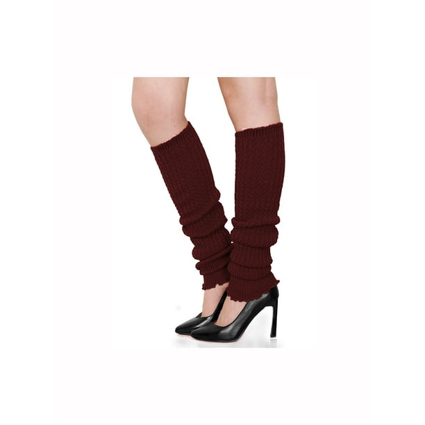 Unique Bargains Women Ruffled Cuff Over Knee Length Knitted Leg Warmers Burgundy