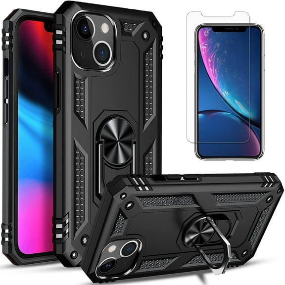 Starshop iPhone 15 Plus case, With Tempered Glass Protector, Drop Protection Ring Kickstand Cover Black
