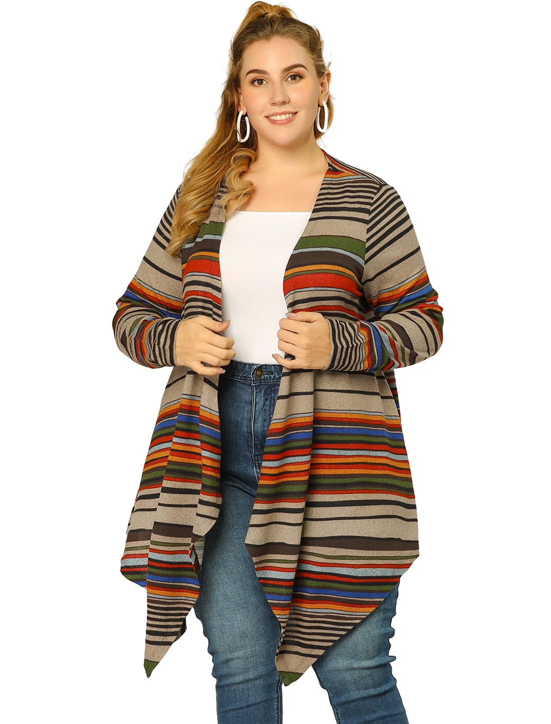 Women's Plus Size Kimono Color Block Boho Striped Open Front Cardigan