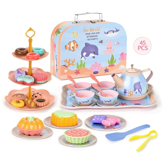 Tea Party Set for Little Girls,45Pcs Kids Pretend Tea Time Toy Tin Tea Set with Carrying Case for Birthday Christmas Gift Kids Toddlers Aged 3-6